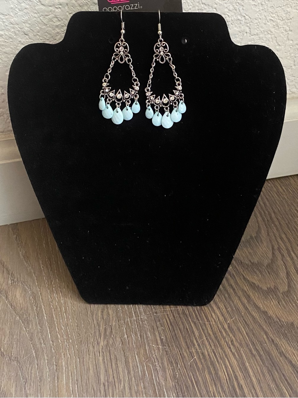 Paparazzi Silver Filigree Chandelier Earrings with Light Blue Teardrops